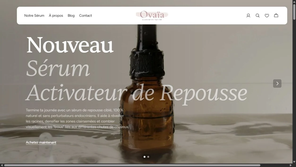 Page d’accueil réelle de la boutique Ovaïa Cosmetics